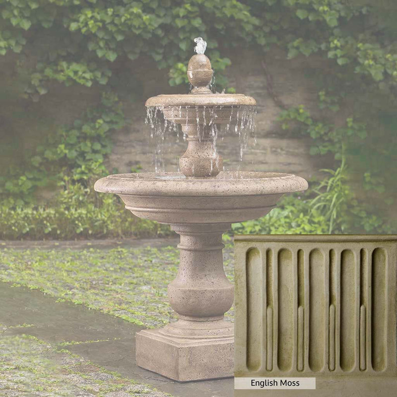 English Moss Patina for the Campania International Caterina Two Tiered Fountain, green blended into a soft pallet with a light undertone of gray.