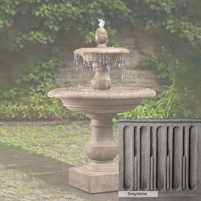 Greystone Patina for the Campania International Caterina Two Tiered Fountain, a classic gray, soft, and muted, blends nicely in the garden.