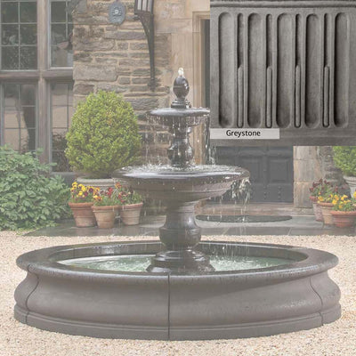 Greystone Patina for the Campania International Caterina Fountain in Basin, a classic gray, soft, and muted, blends nicely in the garden.