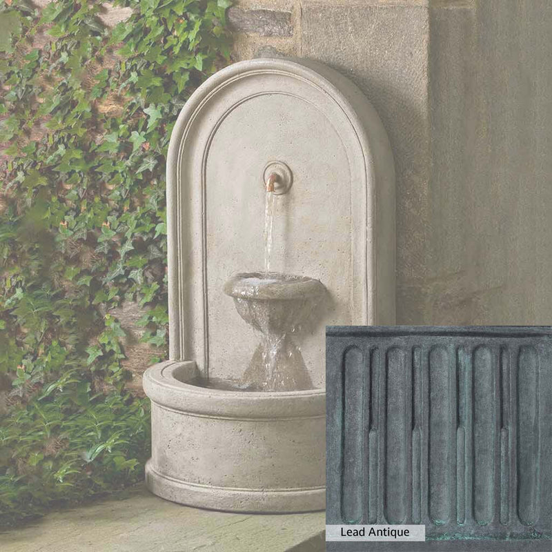 Lead Antique Patina for the Campania International Colonna Fountain, deep blues and greens blended with grays for an old-world garden.