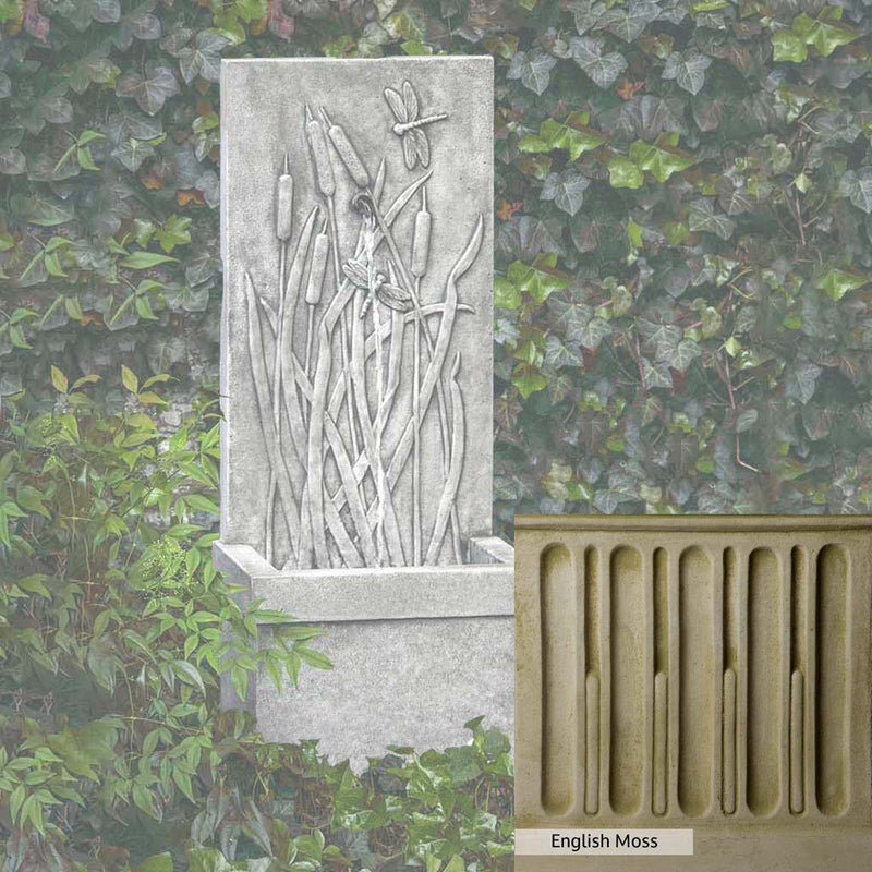 English Moss Patina for the Campania International Dragonfly Wall Fountain, green blended into a soft pallet with a light undertone of gray.