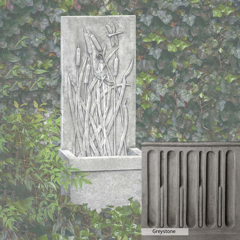 Greystone Patina for the Campania International Dragonfly Wall Fountain, a classic gray, soft, and muted, blends nicely in the garden.