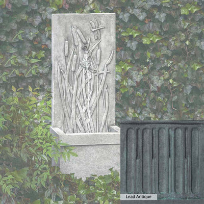Lead Antique Patina for the Campania International Dragonfly Wall Fountain, deep blues and greens blended with grays for an old-world garden.