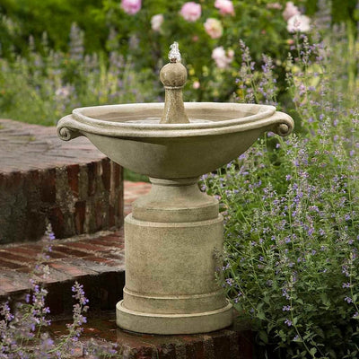 Campania International Borghese Fountain in Basin, shown in the Verde Patina. View of the center finial and the lovely bubbling water.