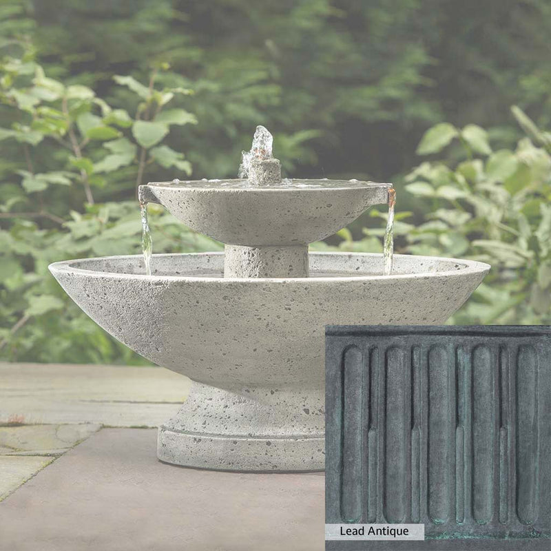 Lead Antique Patina for the Campania International Jensen Oval Fountain, deep blues and greens blended with grays for an old-world garden.