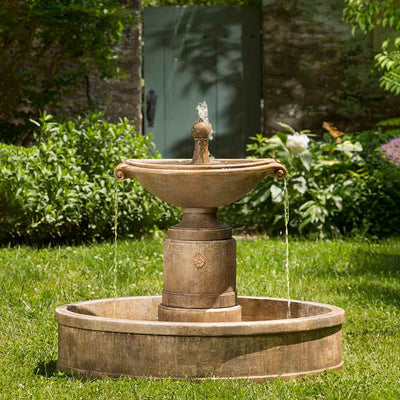 Campania International Borghese Fountain in Basin  is made of cast stone by Campania International and shown in the  Pietra Nuova Patina
