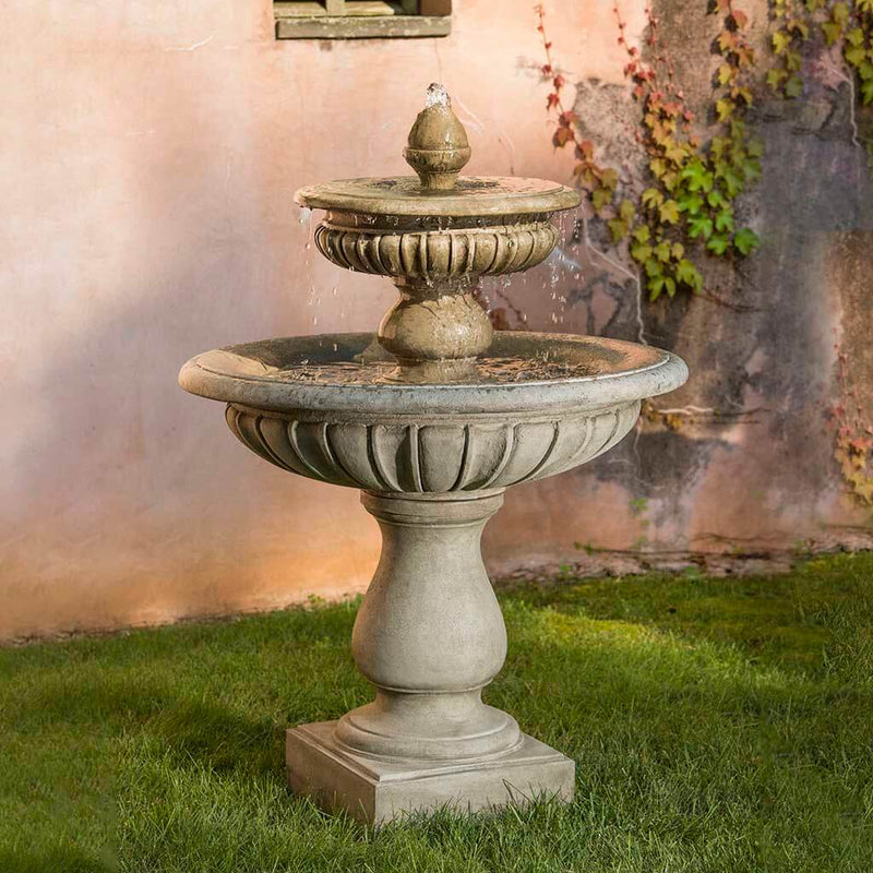 Campania International Longvue 2 Tiered Fountain, adding interest to the garden with the sound of water. This fountain is shown in the Alpine Stone Patina.