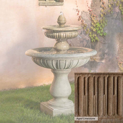 Aged Limestone Patina for the Campania International Longvue 2 Tiered Fountain, brown, orange, and green for an old stone look.