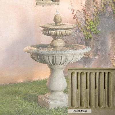 English Moss Patina for the Campania International Longvue 2 Tiered Fountain, green blended into a soft pallet with a light undertone of gray.