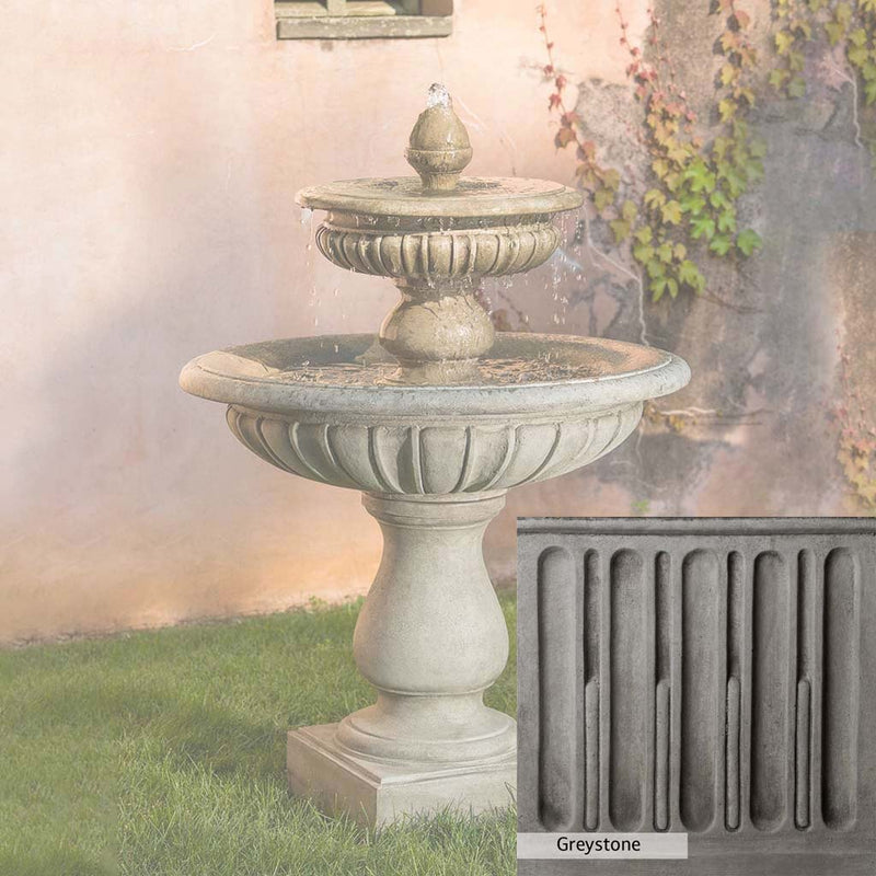 Greystone Patina for the Campania International Longvue 2 Tiered Fountain, a classic gray, soft, and muted, blends nicely in the garden.