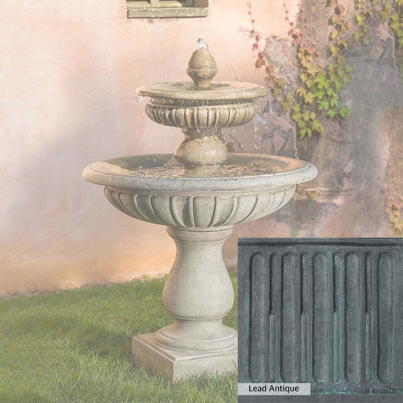 Lead Antique Patina for the Campania International Longvue 2 Tiered Fountain, deep blues and greens blended with grays for an old-world garden.