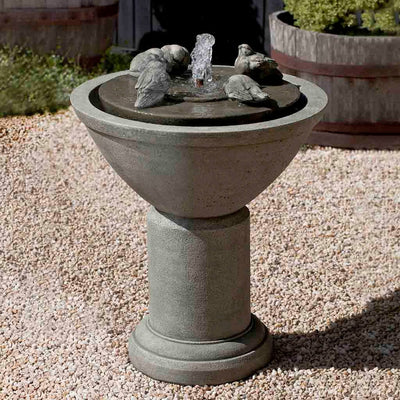 Campania International Passaros II Fountain is made of cast stone by Campania International and shown in the Alpine Stone Patina