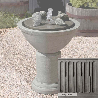 Greystone Patina for the Campania International Passaros II Fountain, a classic gray, soft, and muted, blends nicely in the garden.