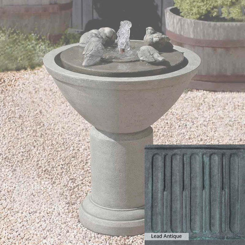 Lead Antique Patina for the Campania International Passaros II Fountain, deep blues and greens blended with grays for an old-world garden.