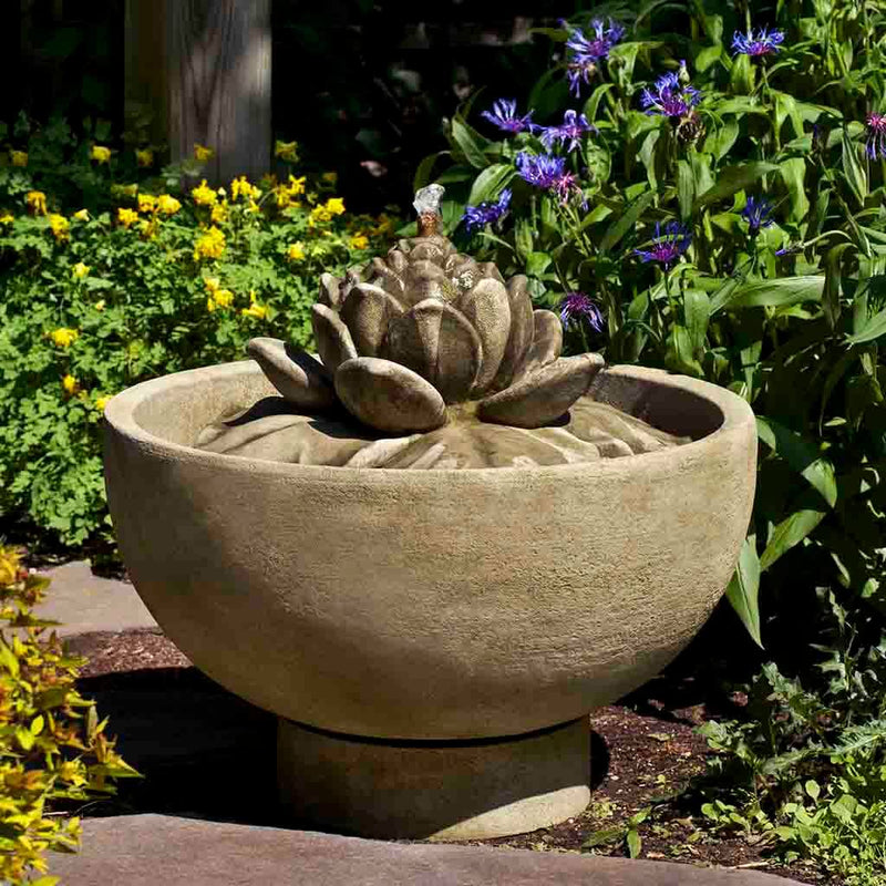 Campania International Smithsonian Lotus Fountain is made of cast stone by Campania International and shown in the English Moss Patina