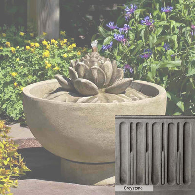Greystone Patina for the Campania International Smithsonian Lotus Fountain, a classic gray, soft, and muted, blends nicely in the garden.