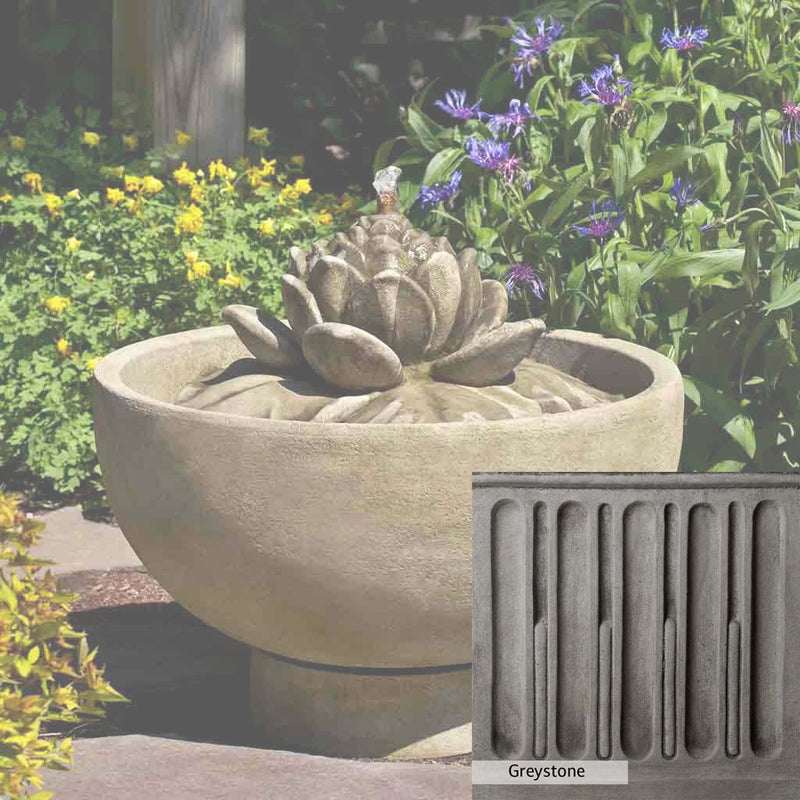 Greystone Patina for the Campania International Smithsonian Lotus Fountain, a classic gray, soft, and muted, blends nicely in the garden.