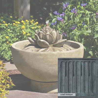Lead Antique Patina for the Campania International Smithsonian Lotus Fountain, deep blues and greens blended with grays for an old-world garden.