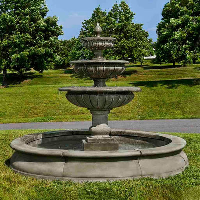 Campania International Estate Longvue Fountain, adding interest to the garden with the sound of water. This fountain is shown in the Alpine Stone Patina.