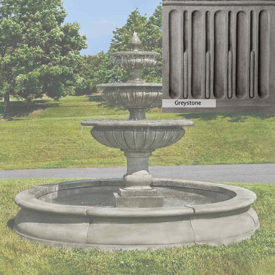 Greystone Patina for the Campania International Estate Longvue Fountain, a classic gray, soft, and muted, blends nicely in the garden.