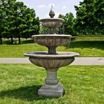 Campania International Three Tier Longvue Fountain, adding interest to the garden with the sound of water. This fountain is shown in the Alpine Stone Patina.