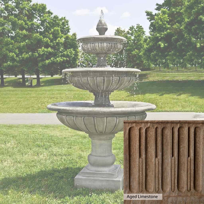 Aged Limestone Patina for the Campania International Three Tier Longvue Fountain, brown, orange, and green for an old stone look.