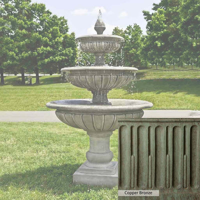 Copper Bronze Patina for the Campania International Three Tier Longvue Fountain, blues and greens blended into the look of aged copper.