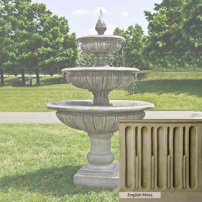 English Moss Patina for the Campania International Three Tier Longvue Fountain, green blended into a soft pallet with a light undertone of gray.