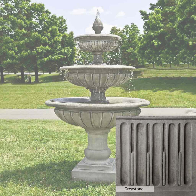 Greystone Patina for the Campania International Three Tier Longvue Fountain, a classic gray, soft, and muted, blends nicely in the garden.