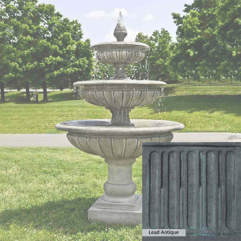 Lead Antique Patina for the Campania International Three Tier Longvue Fountain, deep blues and greens blended with grays for an old-world garden.