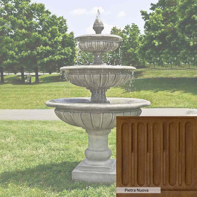 Pietra Nuova Patina for the Campania International Three Tier Longvue Fountain, a rich brown blended with black and orange.