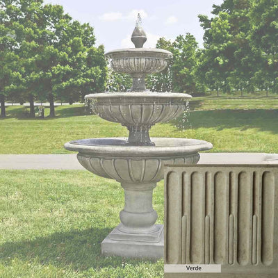Verde Patina for the Campania International Three Tier Longvue Fountain, green and gray come together in a soft tone blended into a soft green.