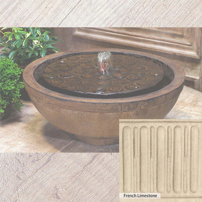 French Limestone Patina for the Campania International Cirrus Garden Terrace Fountain, old-world creamy white with ivory undertones.