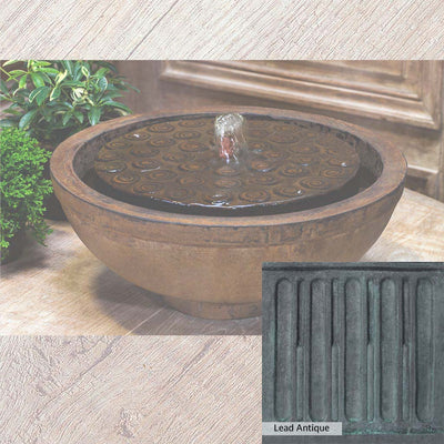 Lead Antique Patina for the Campania International Cirrus Garden Terrace Fountain, deep blues and greens blended with grays for an old-world garden.