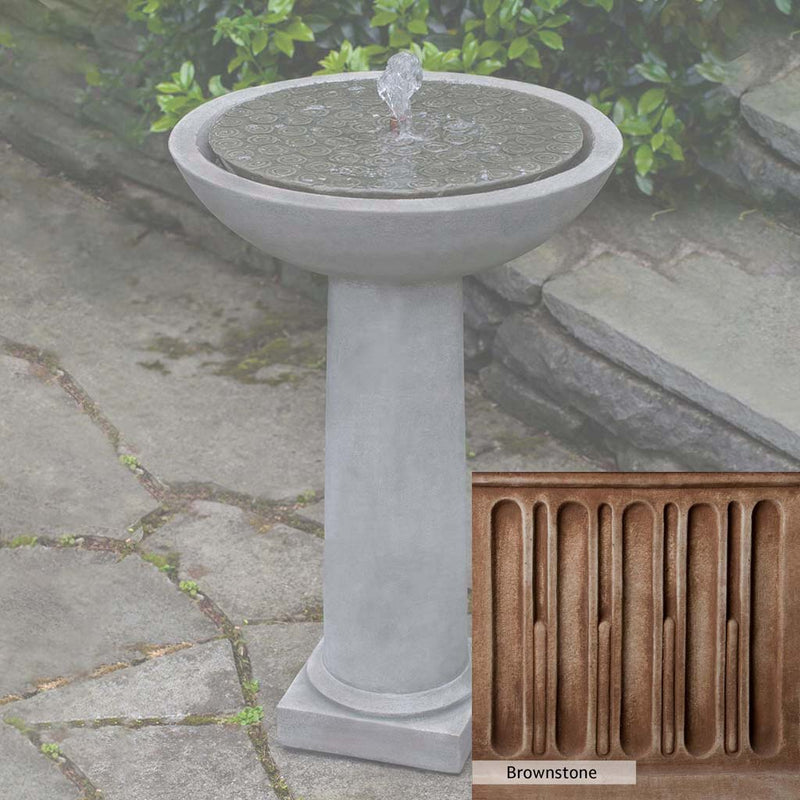 Brownstone Patina for the Campania International Cirrus Birdbath Fountain, brown blended with hints of red and yellow, works well in the garden.