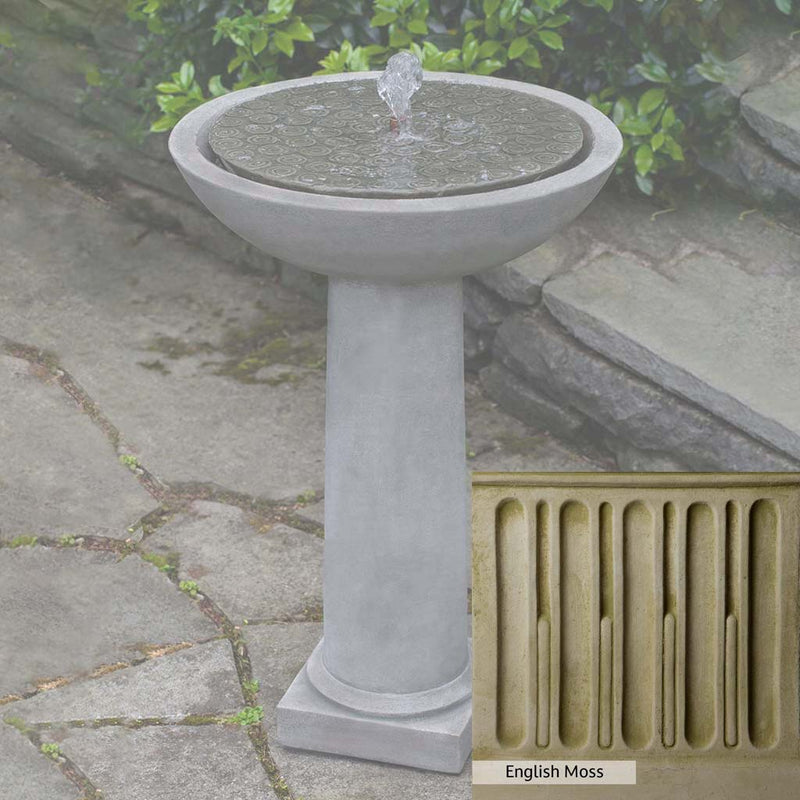 English Moss Patina for the Campania International Cirrus Birdbath Fountain, green blended into a soft pallet with a light undertone of gray.