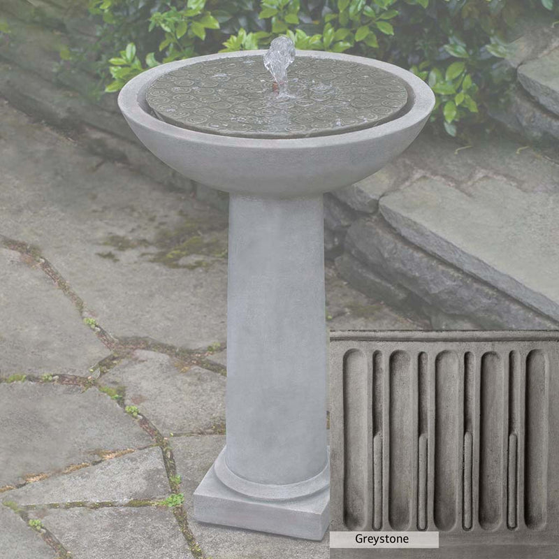 Greystone Patina for the Campania International Cirrus Birdbath Fountain, a classic gray, soft, and muted, blends nicely in the garden.