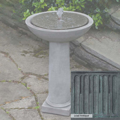 Lead Antique Patina for the Campania International Cirrus Birdbath Fountain, deep blues and greens blended with grays for an old-world garden.