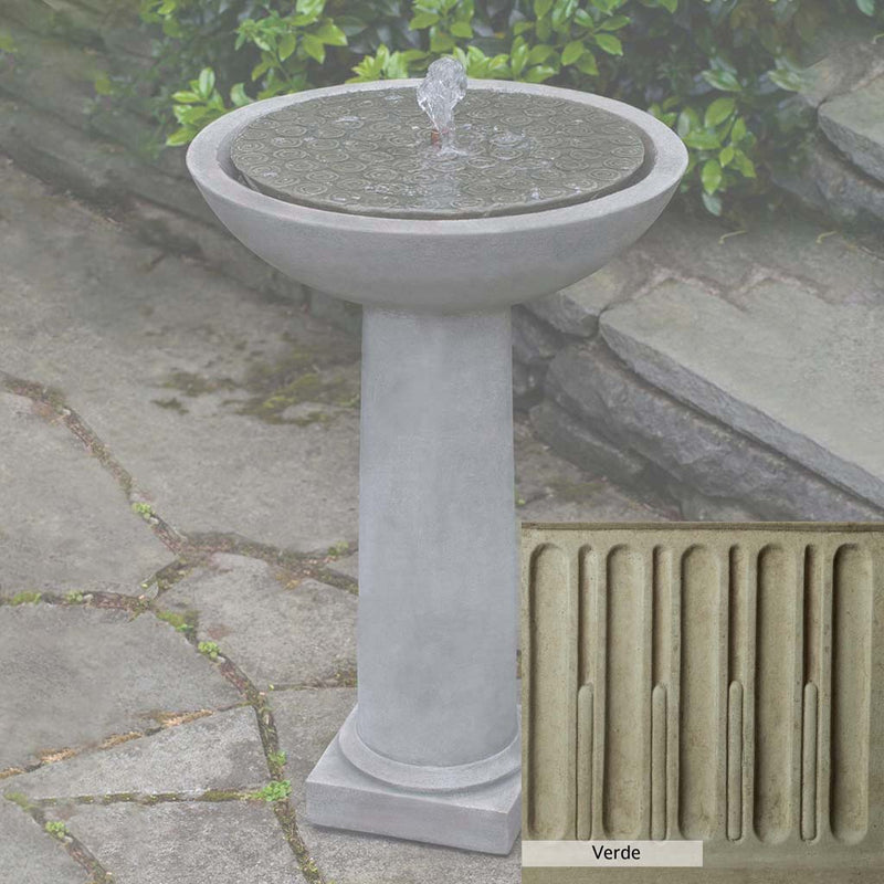 Verde Patina for the Campania International Cirrus Birdbath Fountain, green and gray come together in a soft tone blended into a soft green.