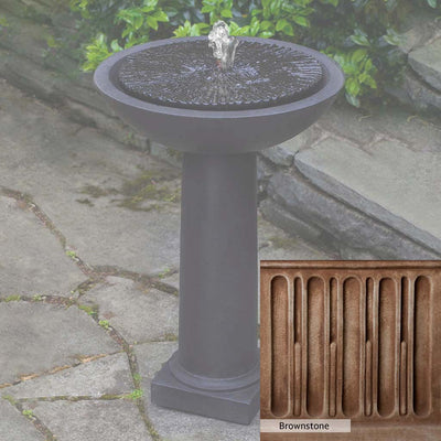 Brownstone Patina for the Campania International Equinox Birdbath Fountain, brown blended with hints of red and yellow, works well in the garden.