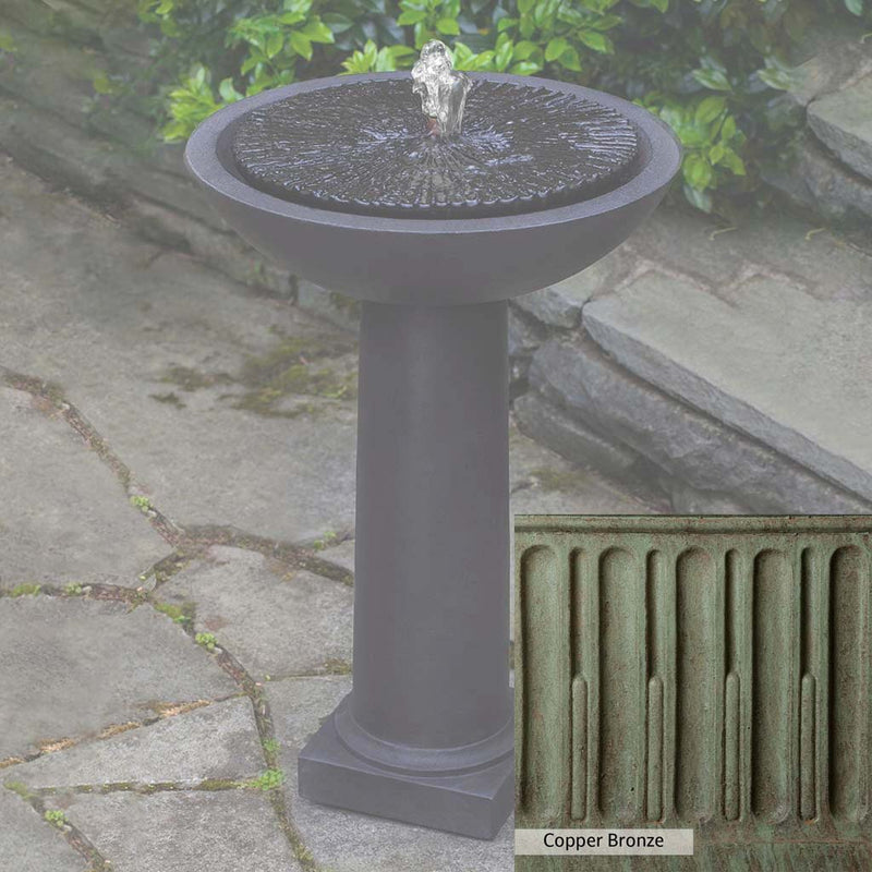 Copper Bronze Patina for the Campania International Equinox Birdbath Fountain, blues and greens blended into the look of aged copper.