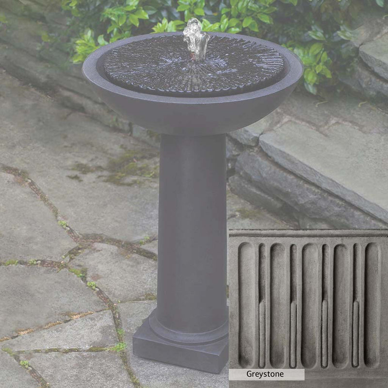 Greystone Patina for the Campania International Equinox Birdbath Fountain, a classic gray, soft, and muted, blends nicely in the garden.