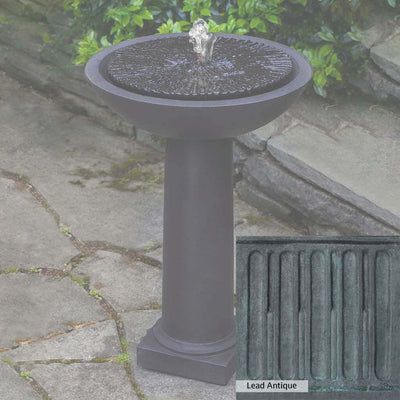 Lead Antique Patina for the Campania International Equinox Birdbath Fountain, deep blues and greens blended with grays for an old-world garden.