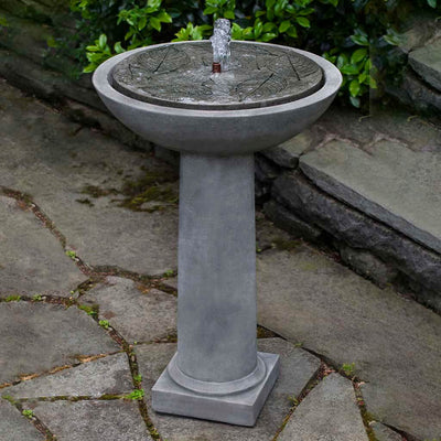 Campania International Hydrangea Leaves Birdbath Fountain is made of cast stone by Campania International and shown in the Alpine Stone Patina