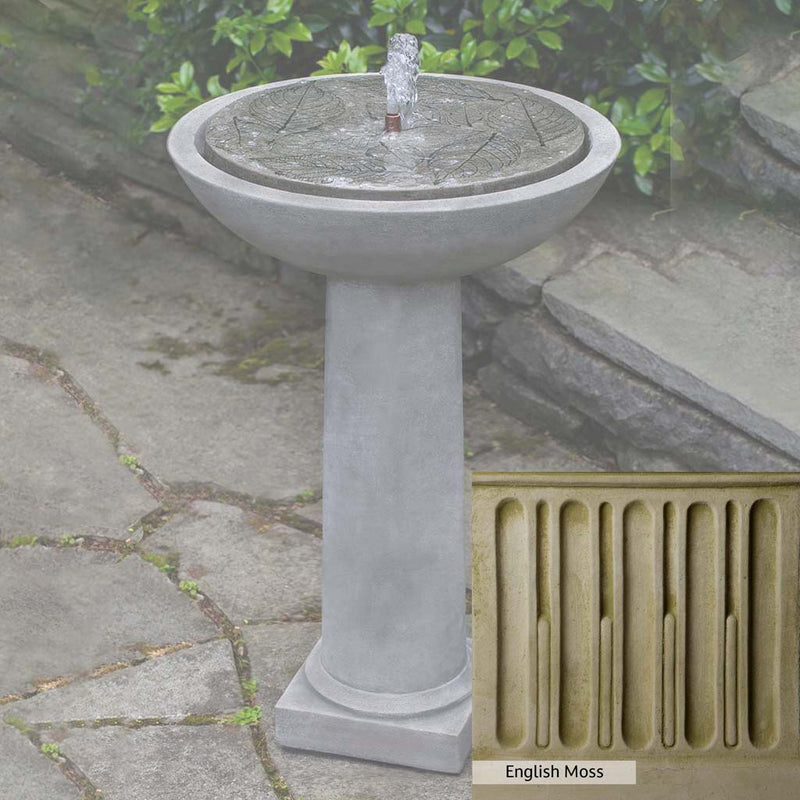 English Moss Patina for the Campania International Hydrangea Leaves Birdbath Fountain, green blended into a soft pallet with a light undertone of gray.