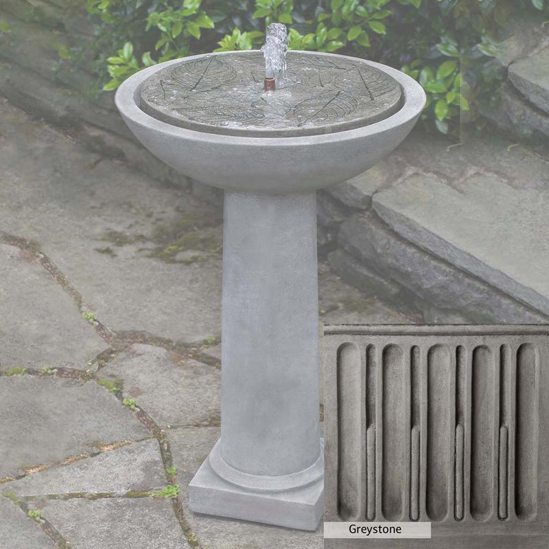 Greystone Patina for the Campania International Hydrangea Leaves Birdbath Fountain, a classic gray, soft, and muted, blends nicely in the garden.