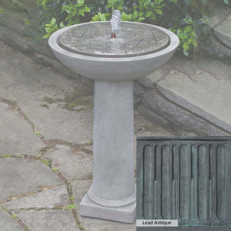 Lead Antique Patina for the Campania International Hydrangea Leaves Birdbath Fountain, deep blues and greens blended with grays for an old-world garden.