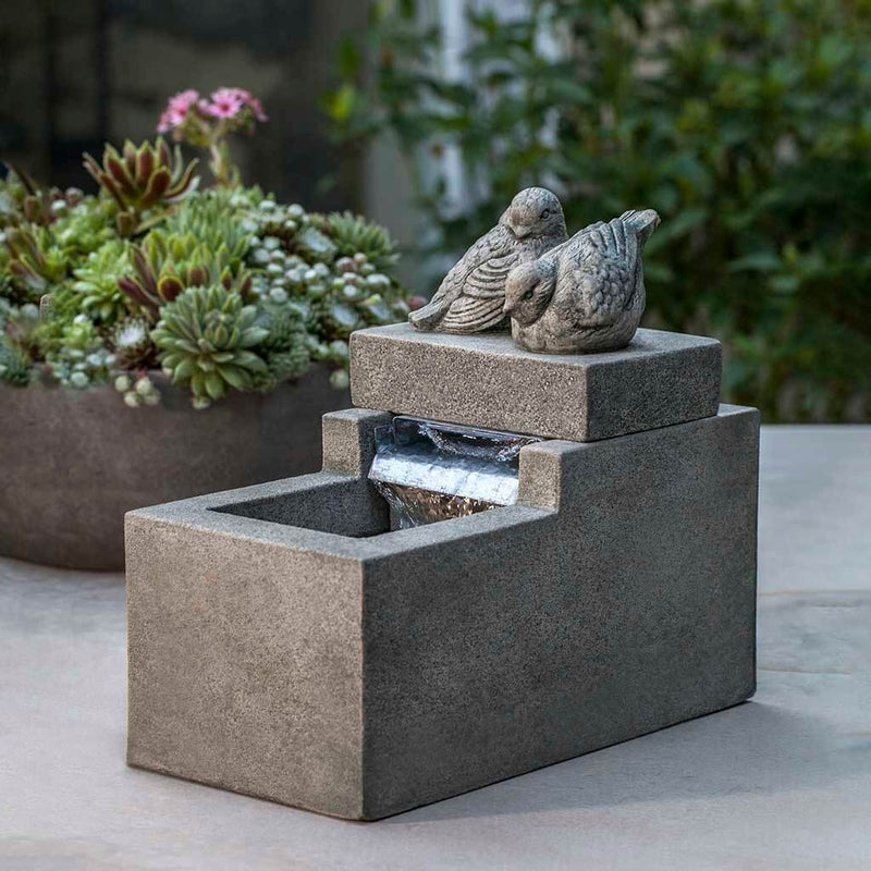 Campania International Mini Element Bird Fountain is made of cast stone by Campania International and shown in the Alpine Stone Patina