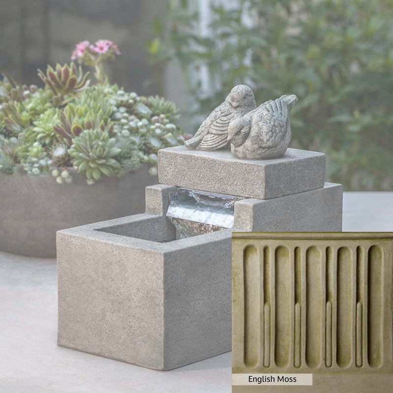 English Moss Patina for the Campania International Mini Element Bird Fountain, green blended into a soft pallet with a light undertone of gray.