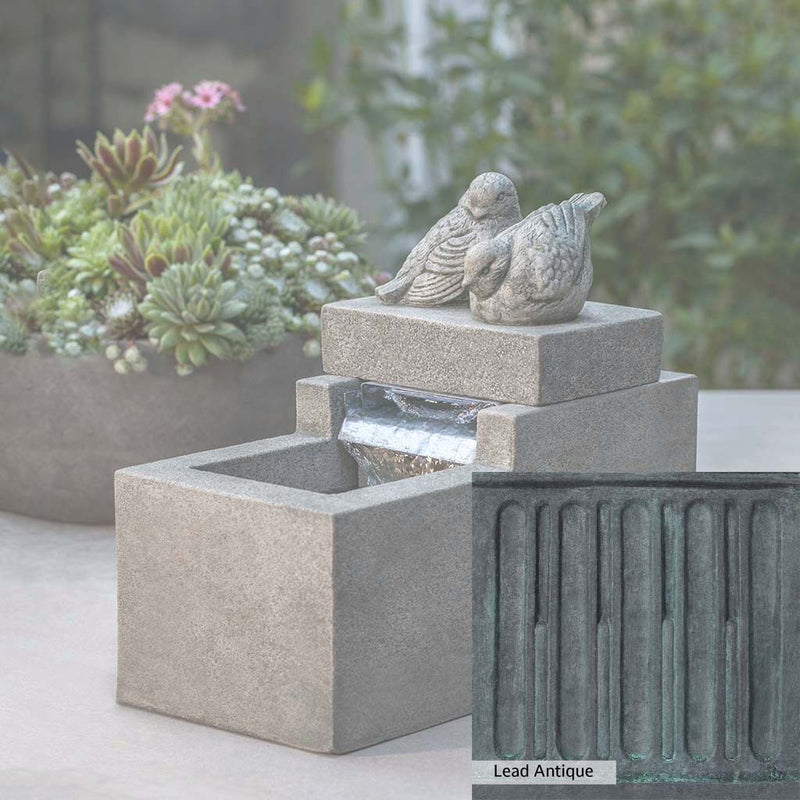 Lead Antique Patina for the Campania International Mini Element Bird Fountain, deep blues and greens blended with grays for an old-world garden.
